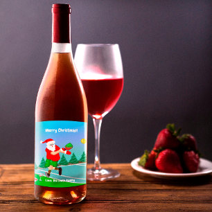 Funny Santa Playing Pickleball Merry Christmas  Wine Label
