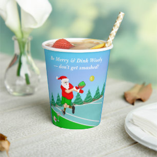 Funny Santa Playing Pickleball Merry Volley Xmas Paper Cups