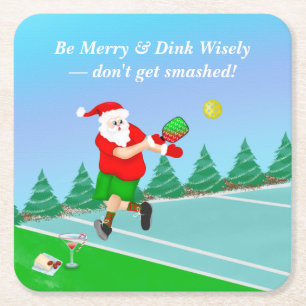 Funny Santa Playing Pickleball Merry Volley Xmas   Square Paper Coaster