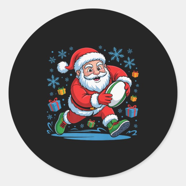 Funny Santa Playing Rugby Holiday Christmas Xmas P Classic Round Sticker (Front)