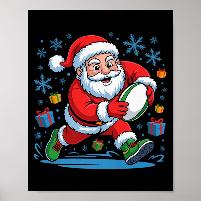 Funny Santa Playing Rugby Holiday Christmas Xmas P Poster (Front)