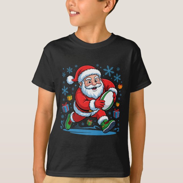 Funny Santa Playing Rugby Holiday Christmas Xmas P T-Shirt (Front)