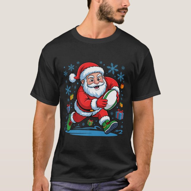 Funny Santa Playing Rugby Holiday Christmas Xmas P T-Shirt (Front)