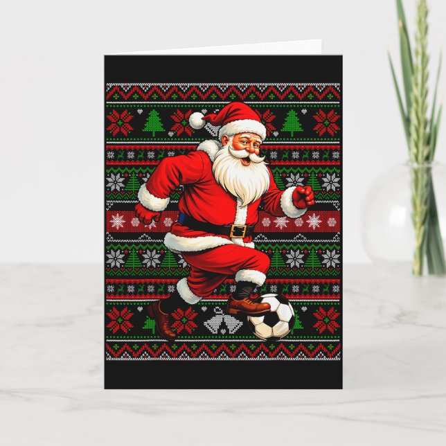 Funny Santa Playing Soccer Ugly Christmas Sweater  Card (Front)
