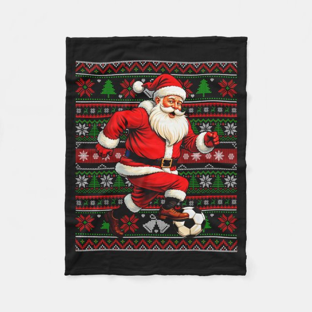 Funny Santa Playing Soccer Ugly Christmas Sweater  Fleece Blanket (Front)