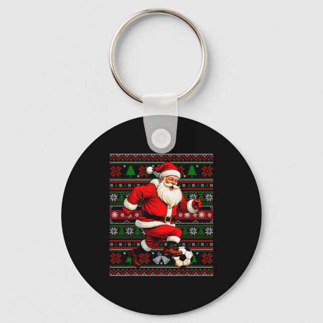 Funny Santa Playing Soccer Ugly Christmas Sweater  Key Ring (Front)