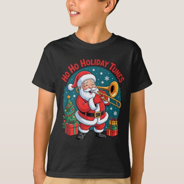 Funny Santa Playing Trombone Holiday Chrismas Xmas T-Shirt (Front)