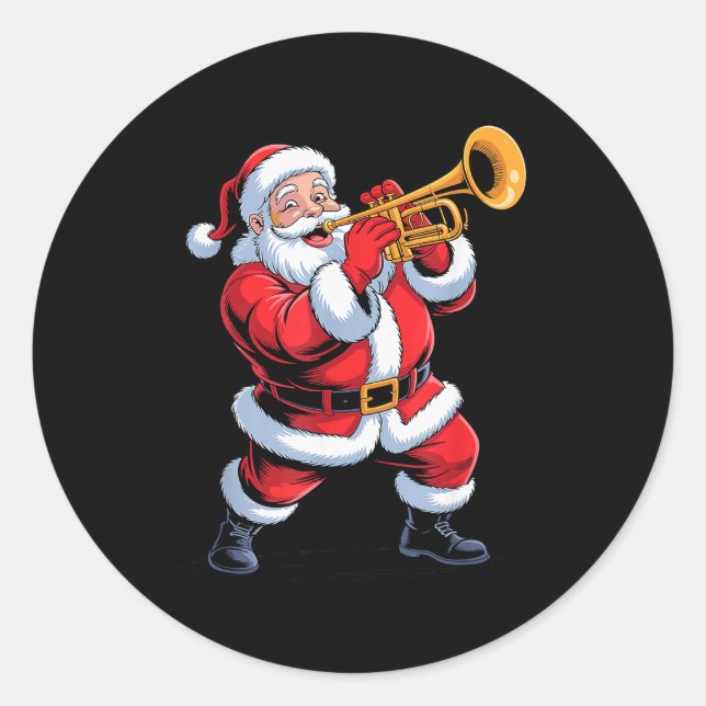 Funny Santa Playing Trumpet Holiday Chrismas Xmas  Classic Round Sticker (Front)
