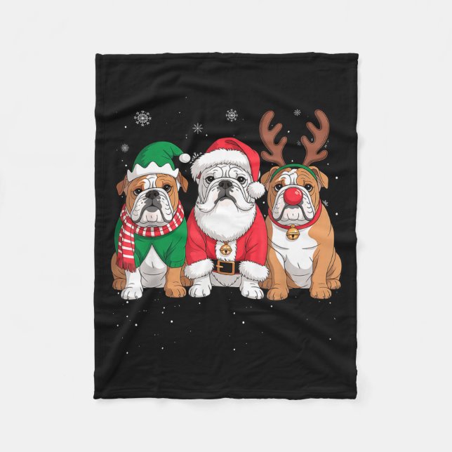 Funny Santa Reindeer English Bulldog Dog Women Men Fleece Blanket (Front)