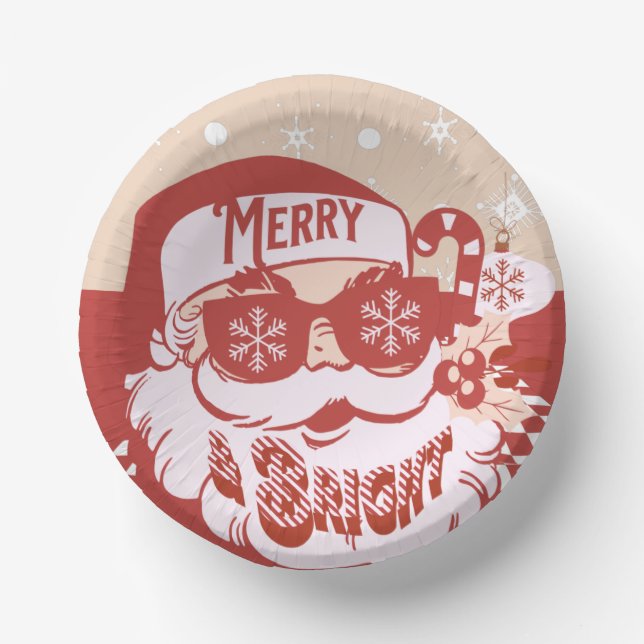 Funny Santa Retro Red Pink Christmas Party   Paper Plate (Front)