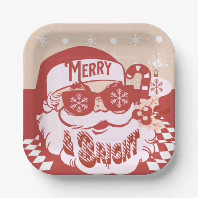 Funny Santa Retro Red Pink Christmas Party  Paper Plate (Front)