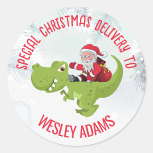 Funny Santa riding a dinosaur special delivery Classic Round Sticker