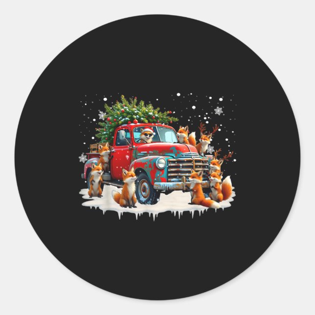 Funny Santa Riding Christmas Tree Truck Fox Christ Classic Round Sticker (Front)