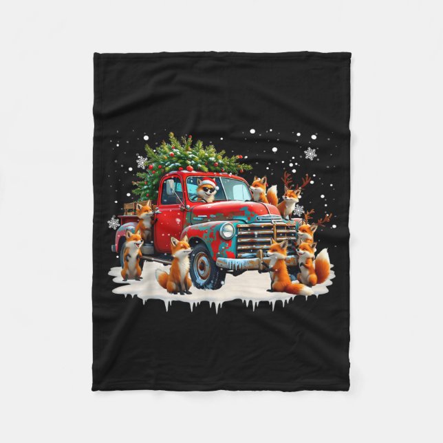 Funny Santa Riding Christmas Tree Truck Fox Christ Fleece Blanket (Front)
