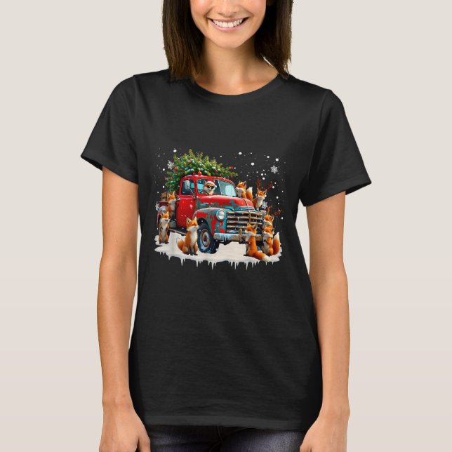 Funny Santa Riding Christmas Tree Truck Fox Christ T-Shirt (Front)