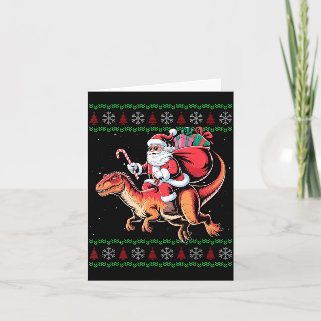 Funny Santa Riding Dinosaur Animal Ugly Christmas  Card (Front)