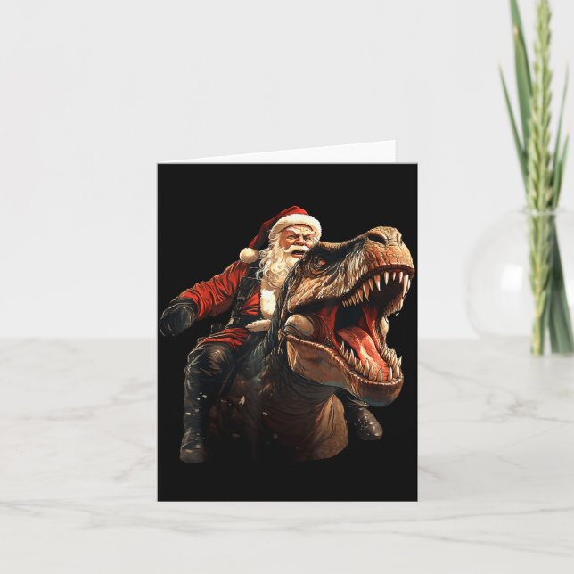 Funny Santa Riding Dinosaur, Vintage Christmas Art Card (Front)