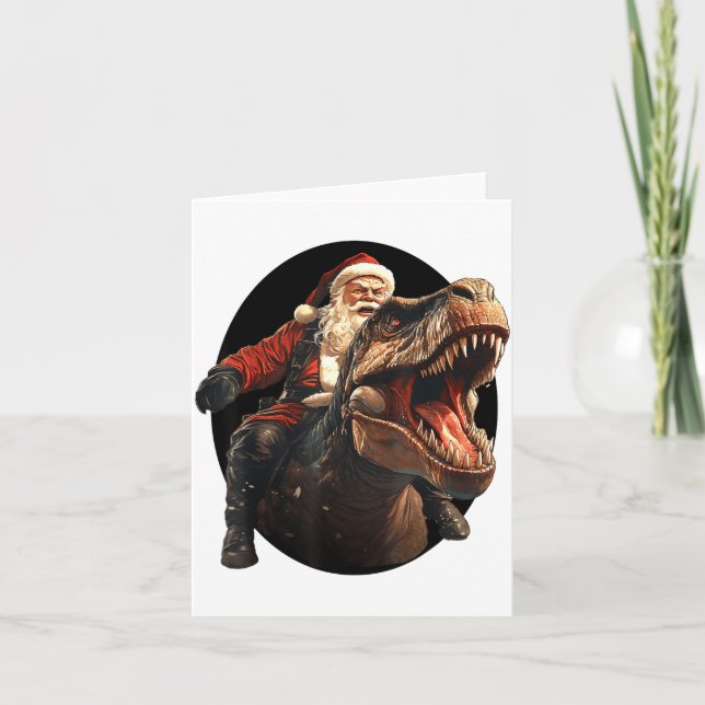 Funny Santa Riding Dinosaur, Vintage Christmas Art Card (Front)