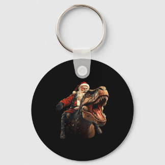 Funny Santa Riding Dinosaur, Vintage Christmas Art Key Ring