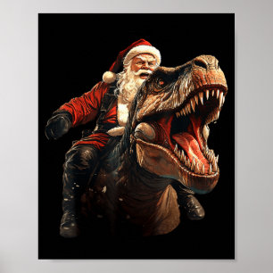Funny Santa Riding Dinosaur, Vintage Christmas Art Poster