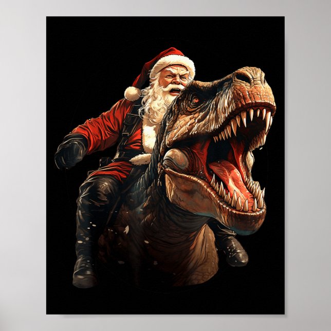 Funny Santa Riding Dinosaur, Vintage Christmas Art Poster (Front)