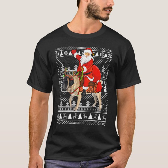 Funny Santa Riding English Mastiff Dog Ugly Christ T-Shirt (Front)