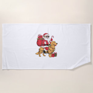 Funny Santa Riding Golden Retriever Dog Christmas Beach Towel