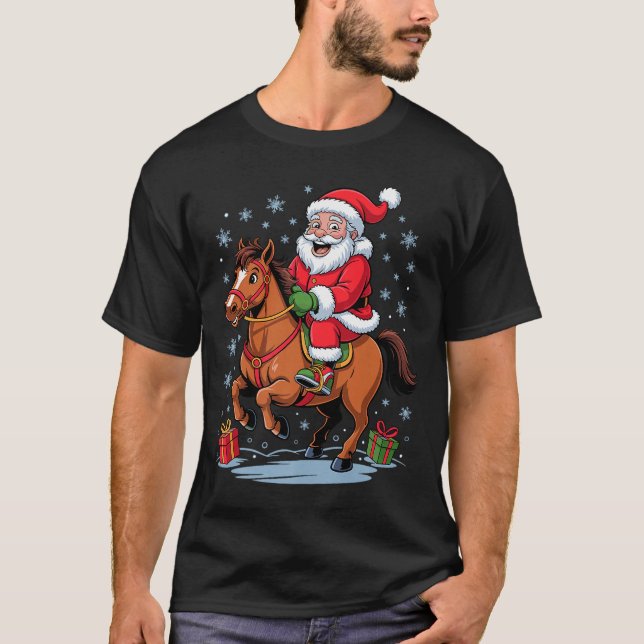 Funny Santa Riding Horse Equestrian Christmas Xmas T-Shirt (Front)