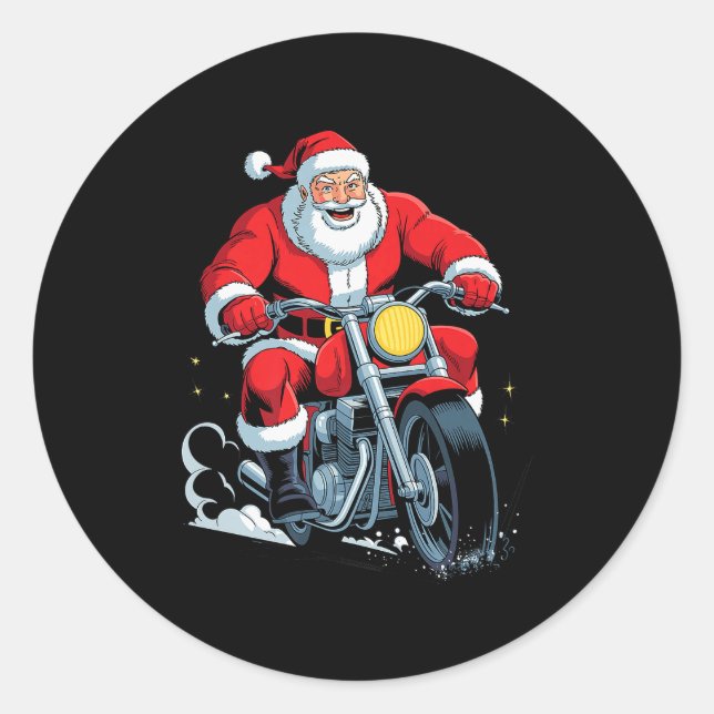 Funny Santa Riding Motorcycle Holiday Christmas Xm Classic Round Sticker (Front)