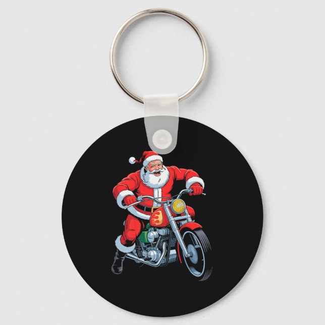 Funny Santa Riding Motorcycle Holiday Christmas Xm Key Ring (Front)
