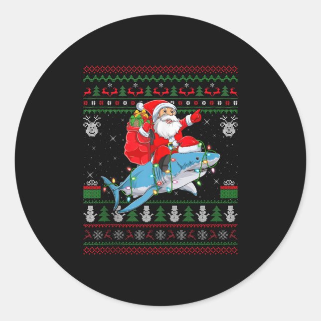 Funny Santa Riding Shark Ugly Christmas Sweaters S Classic Round Sticker (Front)