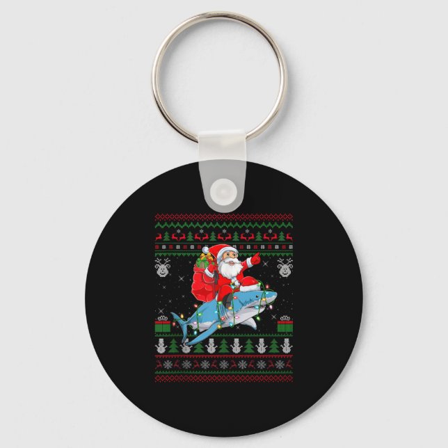Funny Santa Riding Shark Ugly Christmas Sweaters S Key Ring (Front)