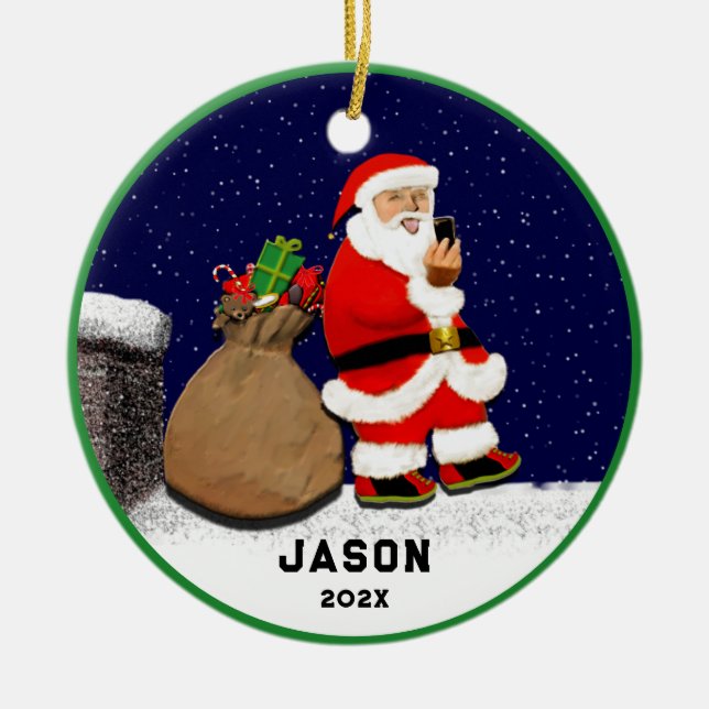 Funny Santa Selfie Christmas Ceramic Tree Decoration (Front)