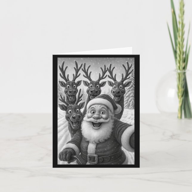 Funny Santa Selfie With Reindeer Christmas  Card (Front)