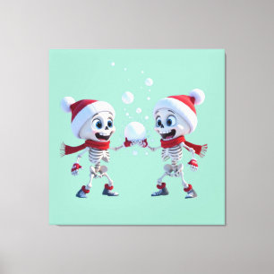 Funny Santa Skeletons Having a Snowball Fight Canvas Print