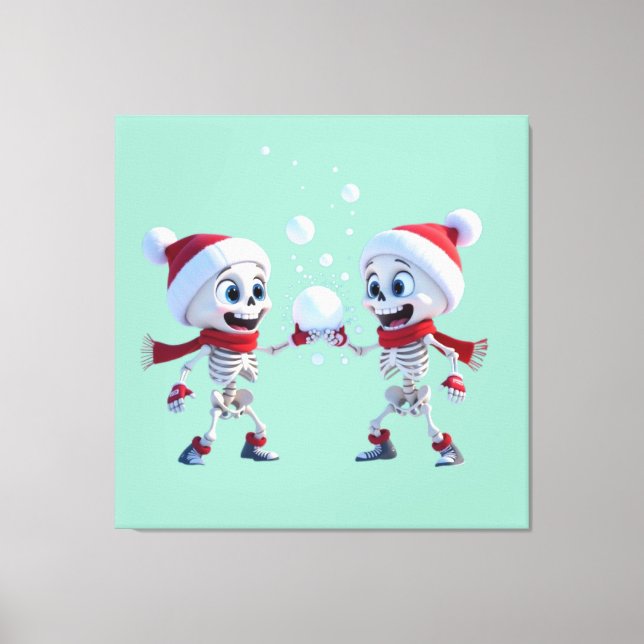 Funny Santa Skeletons Having a Snowball Fight  Canvas Print (Front)