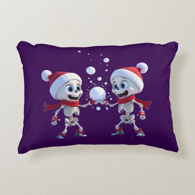 Funny Santa Skeletons Having a Snowball Fight  Decorative Cushion (Front)