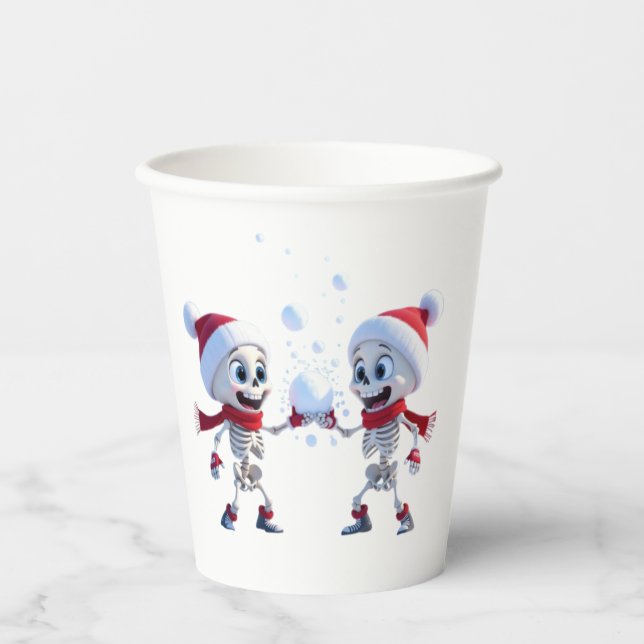 Funny Santa Skeletons Having a Snowball Fight  Paper Cups (Front)