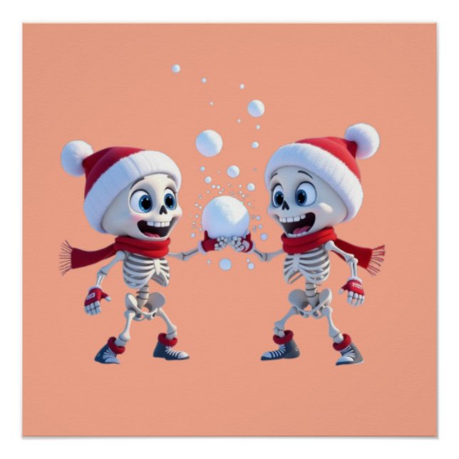 Funny Santa Skeletons Having a Snowball Fight  Poster (Front)