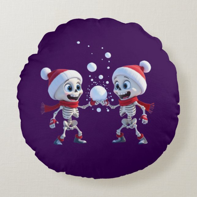 Funny Santa Skeletons Having a Snowball Fight  Round Cushion (Front)