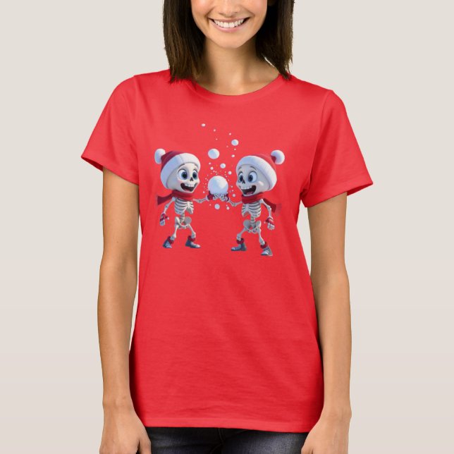 Funny Santa Skeletons Having a Snowball Fight  T-Shirt (Front)