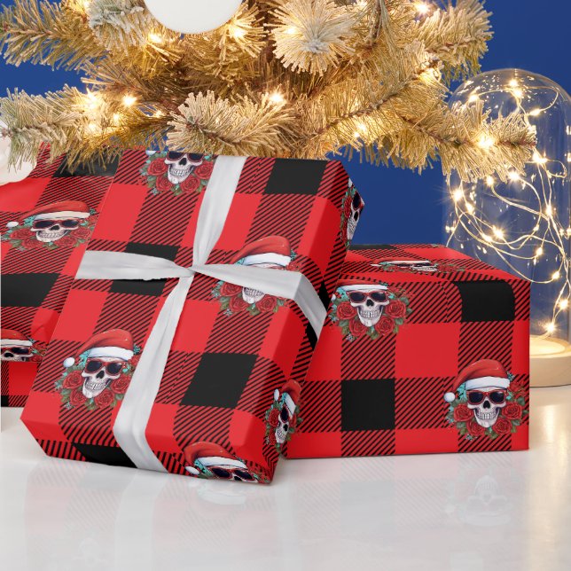Funny Santa Skull Buffalo Check Wrapping Paper (Holidays)
