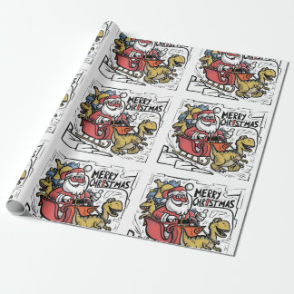 Funny Santa Sleigh and T-rex Dinosaur Christmas Wrapping Paper