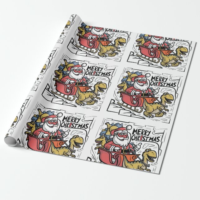 Funny Santa Sleigh and T-rex Dinosaur Christmas  Wrapping Paper (Unrolled)
