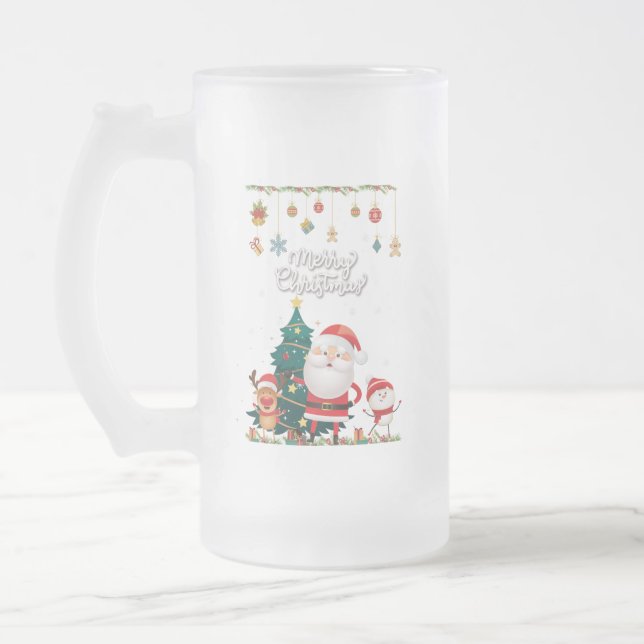 Funny Santa, Snowman, Reindeer Merry Christmas Frosted Glass Beer Mug (Left)
