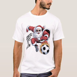 Funny Santa Soccer Kicking Ball Graphic Tee Chri
