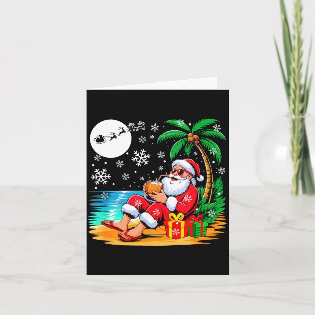 Funny Santa Sungles Drinking Coconut On Beach Chri Card (Front)