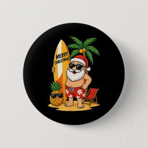 Funny Santa Surfing Summer Beach Christmas In July 6 Cm Round Badge