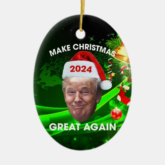 Funny Santa Trump 2024 Make Christmas Great Again  Ceramic Tree Decoration (Front)