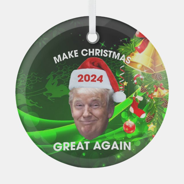Funny Santa Trump 2024 Make Christmas Great Again  Glass Tree Decoration (Front)